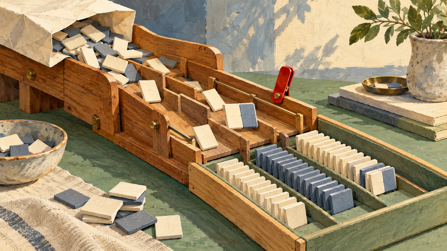Gouache painting of loose blank tiles passing through a simple wooden sorter into orderly rows in a shallow tray.