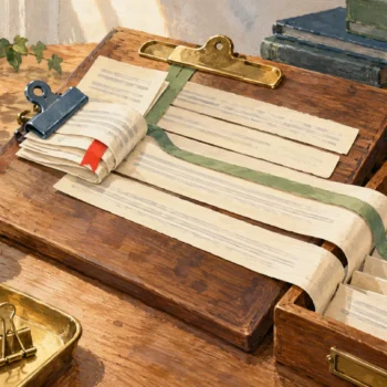Gouache painting of a branching ribbon connecting grouped paper strips on a wooden clipboard and in a drawer.