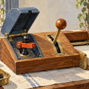 Gouache painting of a guarded control knob and a separate lever on a wooden document machine beside neatly stacked cards.