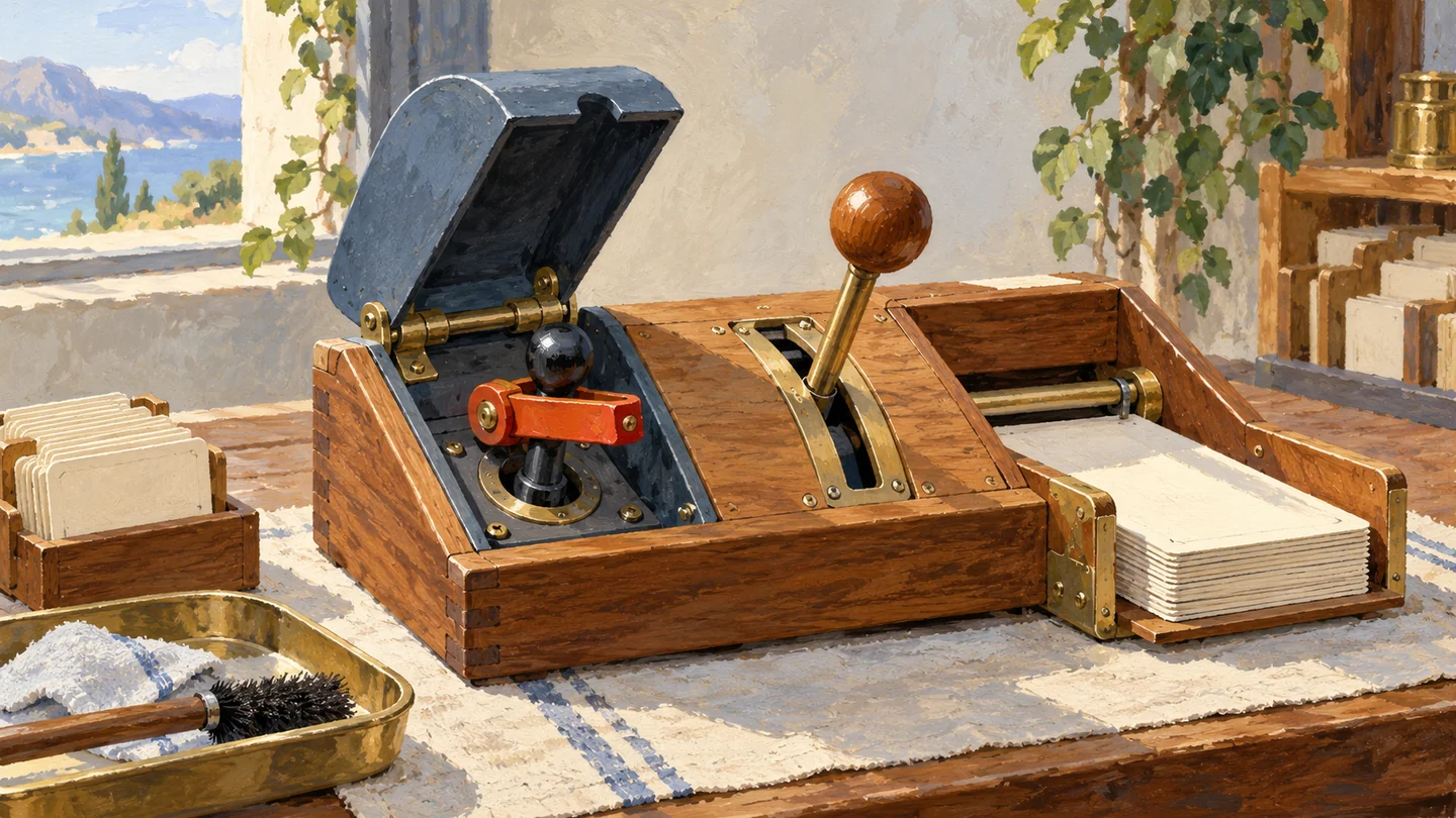 Gouache painting of a small workbench with two unlabelled wooden controls, one safely covered by a simple lid.