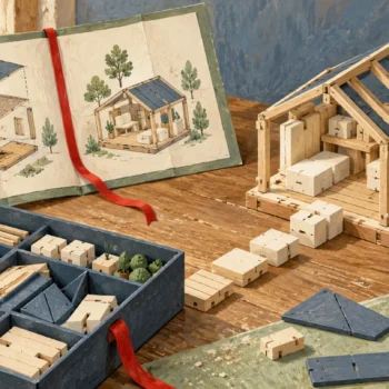 Gouache painting of a miniature wooden workshop being assembled from organized parts beside an illustrated instruction book.