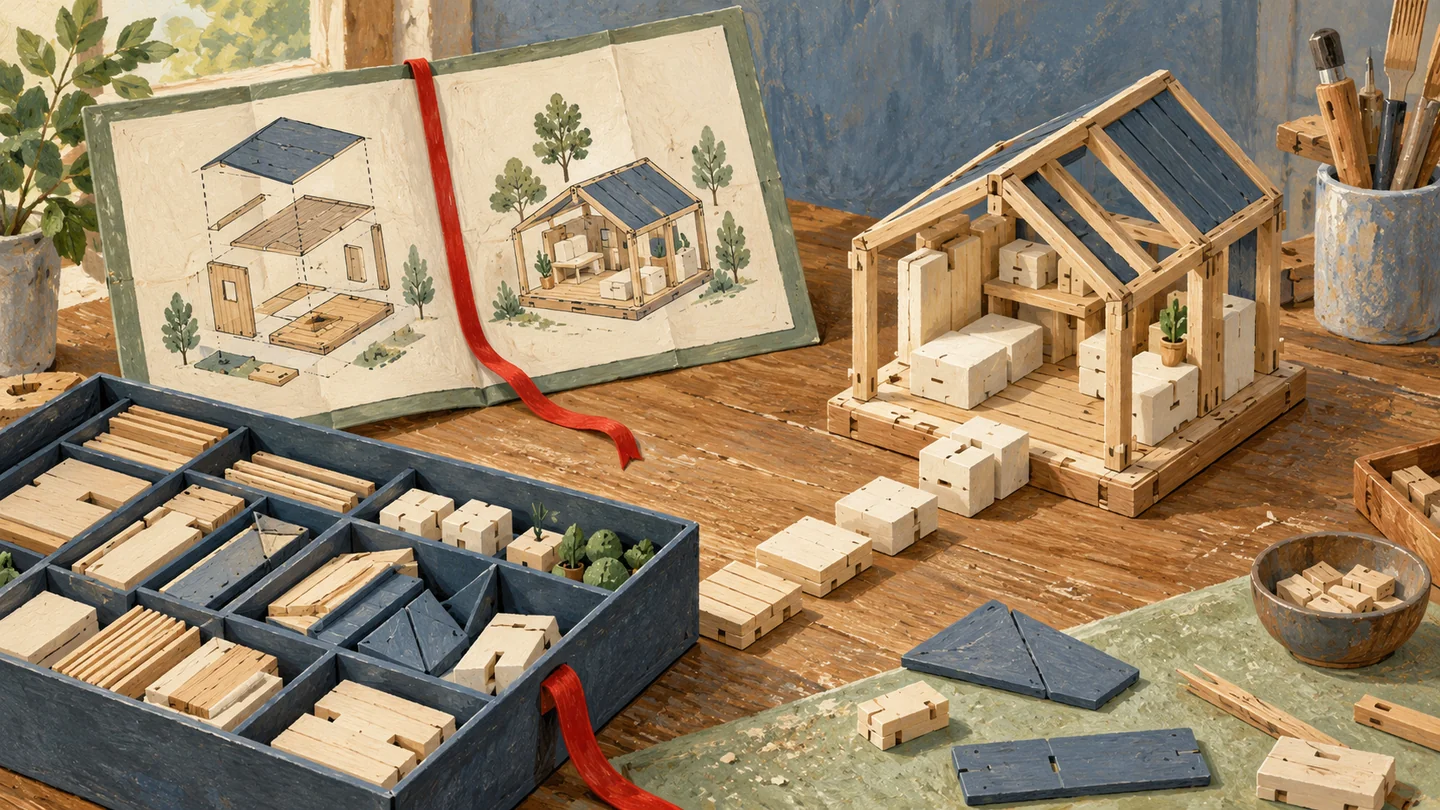 Gouache painting of a folded blank blueprint beside a box of matching wooden building pieces.