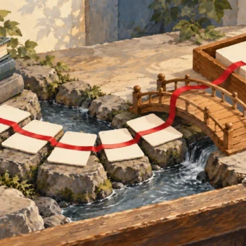Gouache painting of a red ribbon connecting books, stepping stones and a wooden bridge to a tray of organized learning materials.