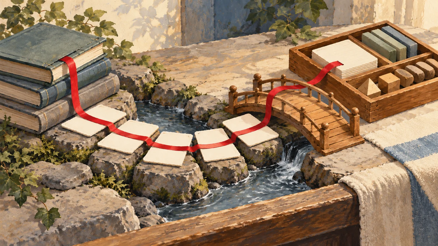 Gouache painting of five blank lesson cards arranged as stepping stones beside a compact stack of books.