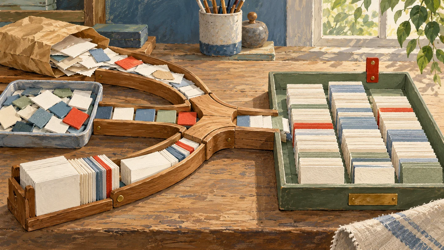 Gouache painting of three neat streams of blank wooden tiles converging into one shallow storage tray.