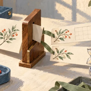 Gouache painting of an illustrated card passing through a wooden frame into a blank calendar card and an hourglass card.