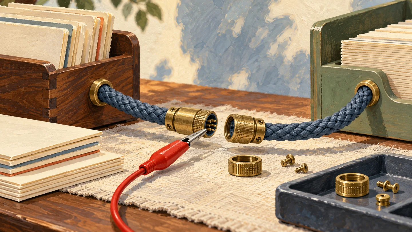 Gouache painting of two ends of a braided cable aligned with a simple wooden connector, one red accent at the join.