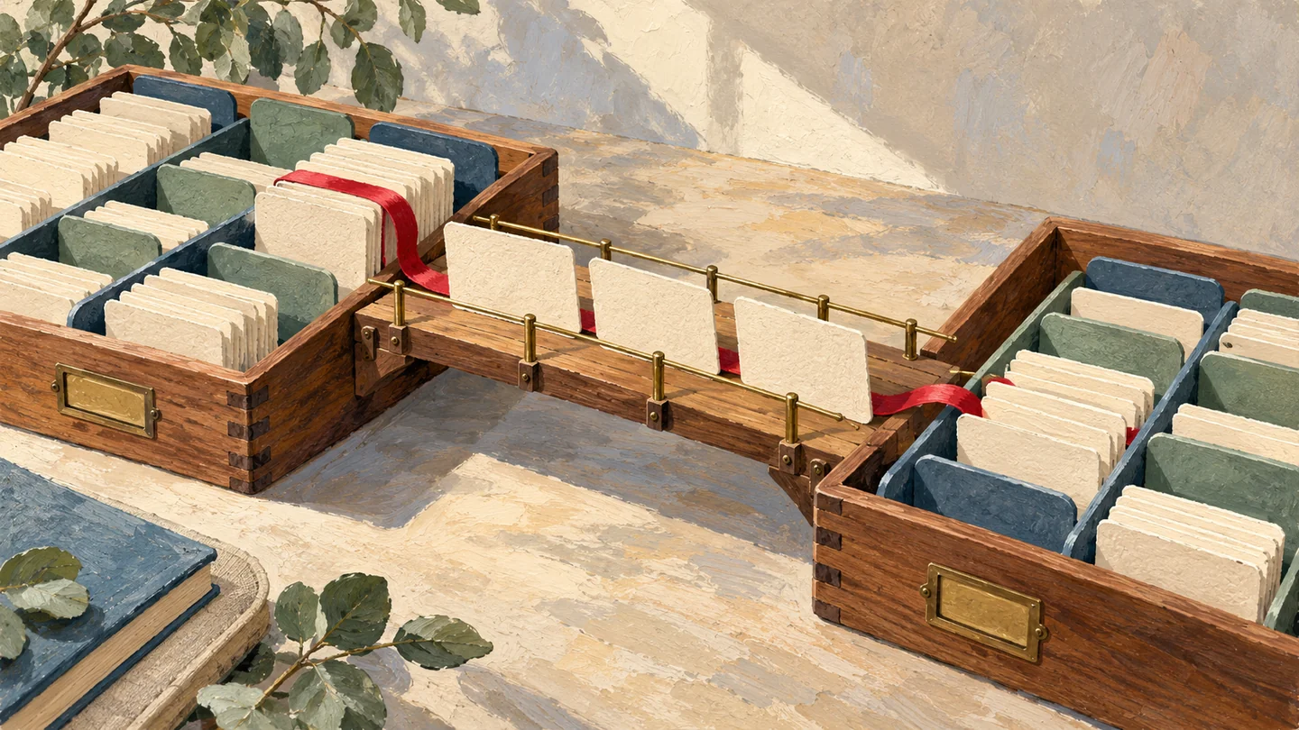 Gouache painting of two wooden trays of blank cards connected by a short bridge, with cards crossing in one orderly group.