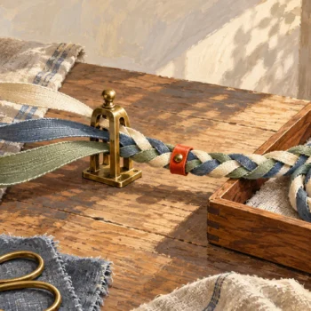 Gouache painting of three colored ribbons feeding through a brass guide and joining into one braided cord.
