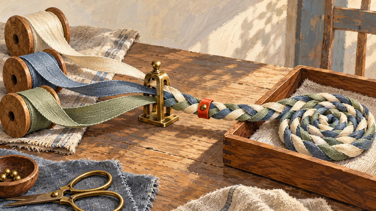 Gouache painting of three ribbons joining into one tidy braid across warm off-white paper.