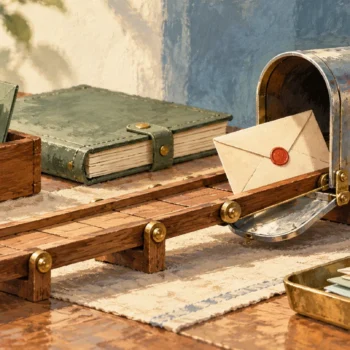 Gouache painting of a sealed envelope travelling along a wooden rail into an open blue mailbox.