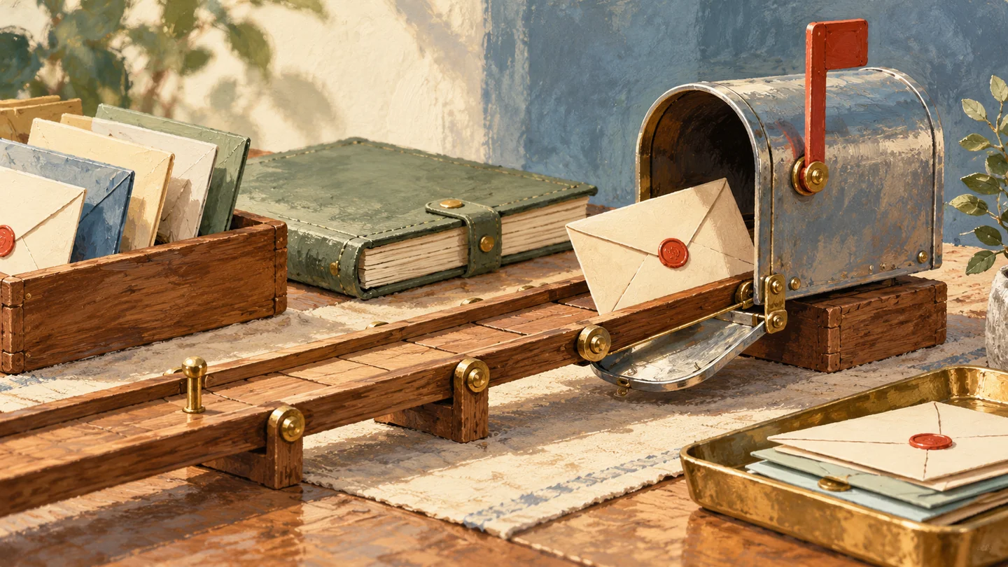 Gouache painting of a small metal mailbox with one cream envelope and a vermilion flag.