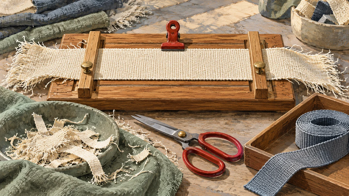 Gouache painting of a woven strip with untidy ends being trimmed cleanly by a simple pair of scissors.