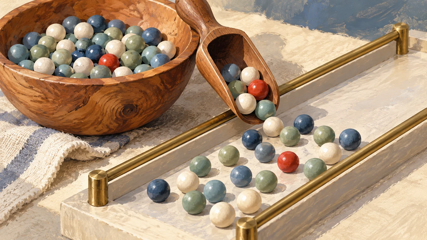 Gouache painting of unmarked colored beads mixed in a small wooden bowl between two plain boundary rails.