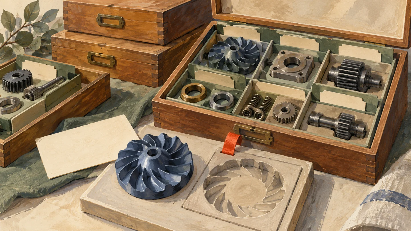Gouache painting of a stack of wooden specimen boxes with one distinctive shaped piece displayed beside them.