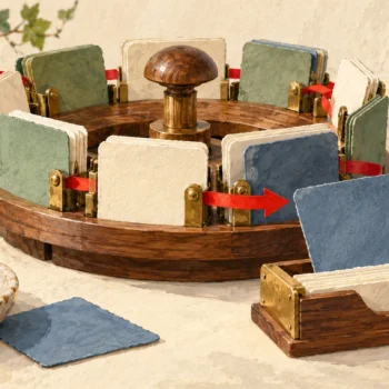 Gouache painting of a circular wooden card carousel feeding a selected blue card into a separate tray.