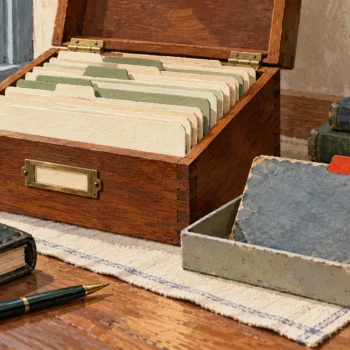 Gouache painting of an orderly wooden file box beside a worn blue divider isolated in a shallow tray.