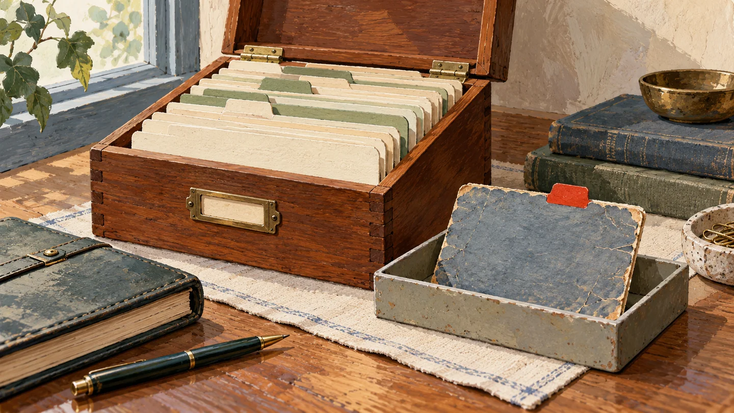 Gouache painting of a wooden address-card box with one worn blank card set aside beside the remaining cards.