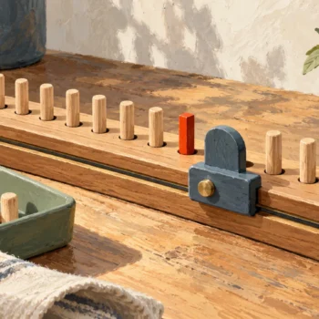Gouache painting of a row of wooden pegs with one red peg, an adjustable guide and empty holes ahead.