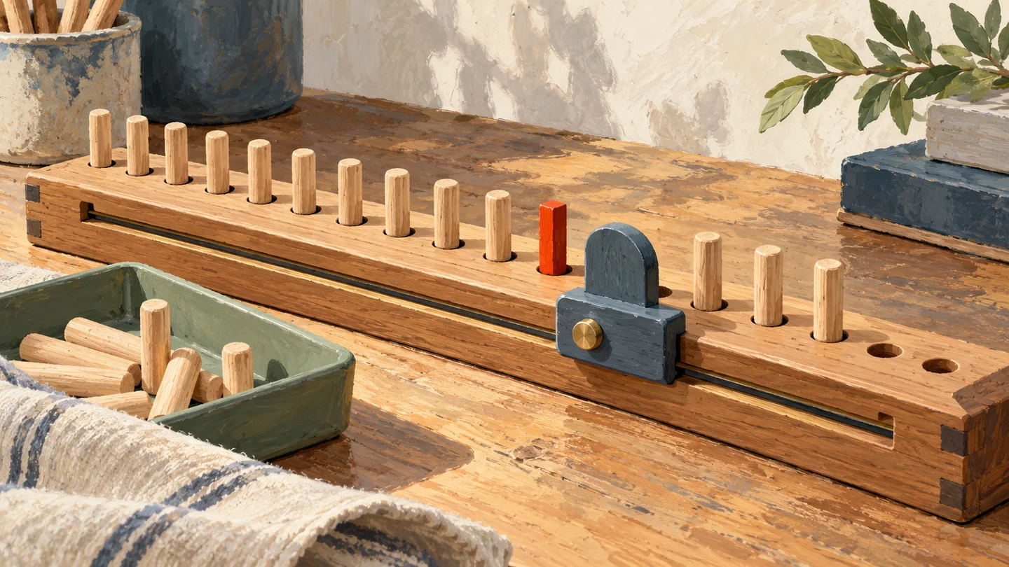 Gouache painting of a row of unmarked wooden pegs with a movable starting stop and a small vermilion marker.
