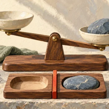 Gouache painting of an empty bowl and a stone-filled bowl on a balance, above matching empty and occupied wooden recesses.