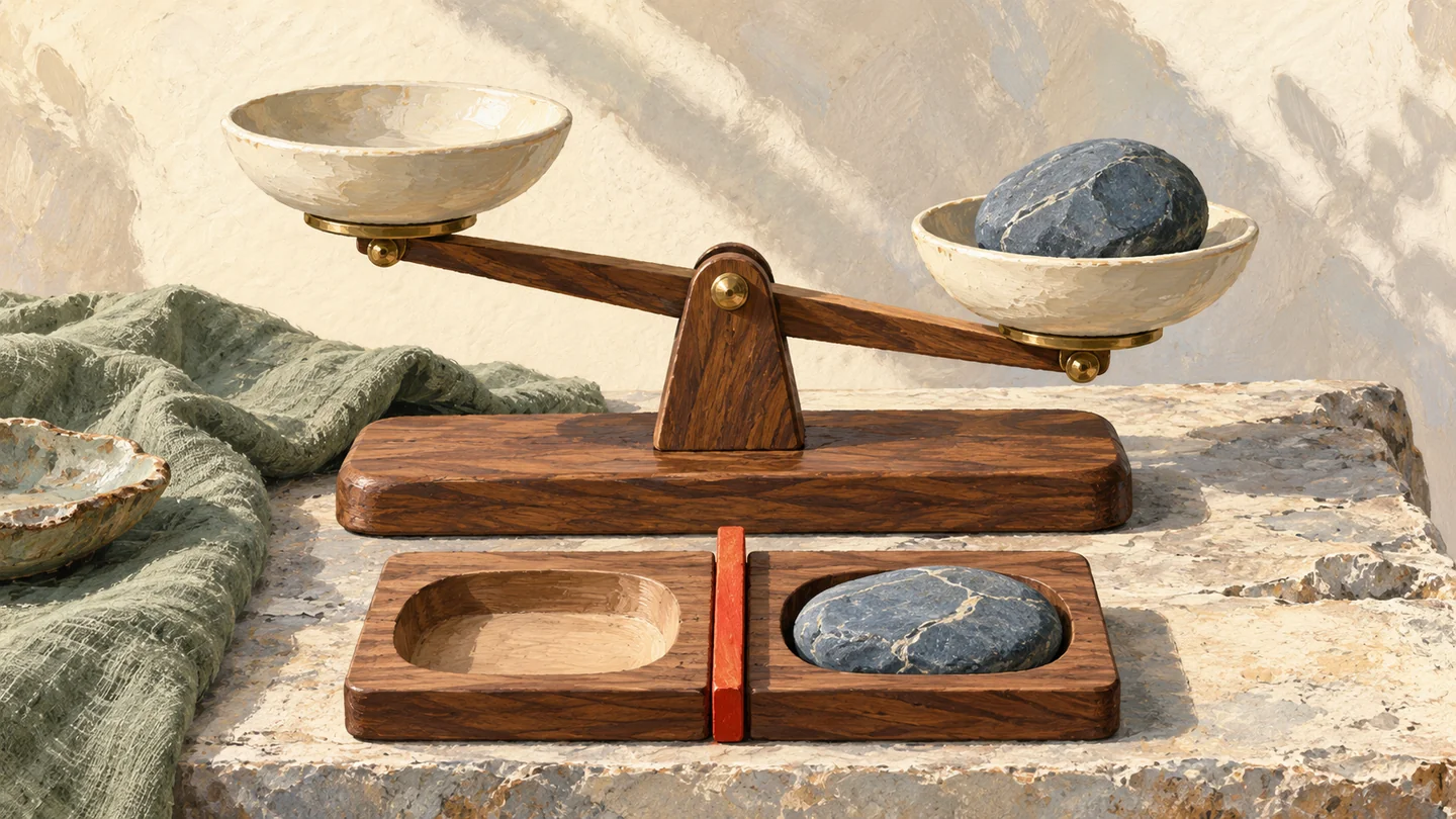 Gouache painting of a small balance with an empty cream bowl on one side and a single slate-blue stone on the other.