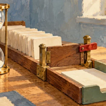 Gouache painting of queued cards behind a wooden gate beside an hourglass and an output tray.