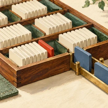 Gouache painting of divided card storage with reserved gaps beside a channel feeding in additional cards.