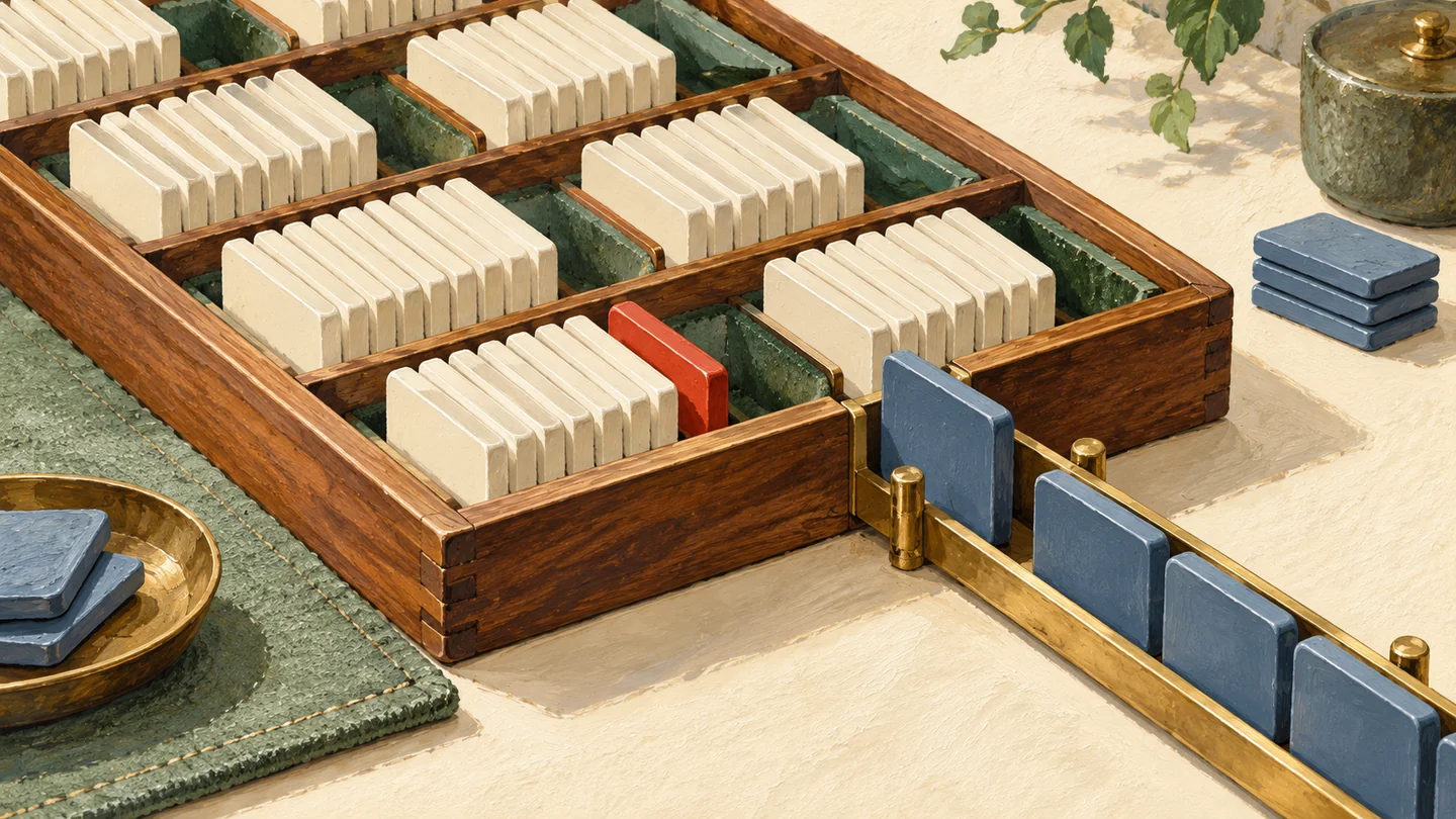 Gouache painting of a shallow wooden tray of tightly arranged tiles with a deliberate open pocket beside them.