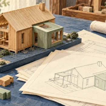 Gouache painting of an extended wooden house model beside architectural drawings and spare building pieces.