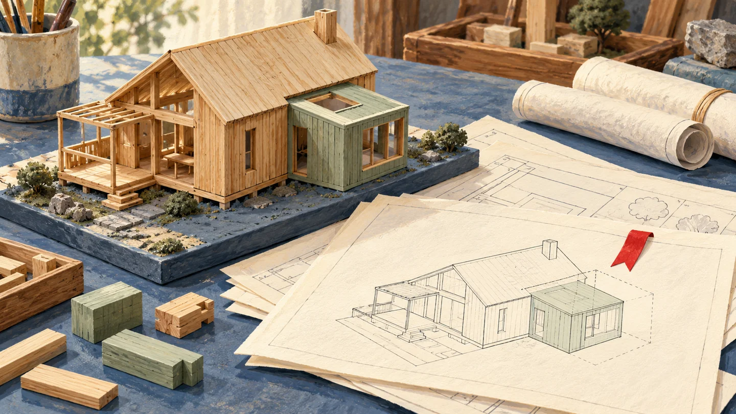 Gouache painting of an extended wooden house model beside architectural drawings and spare building pieces.