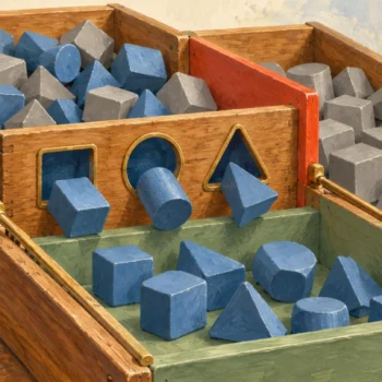 Gouache painting of blue blocks passing through matching shaped openings while grey blocks remain in a separate compartment.