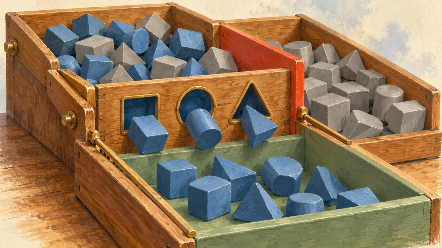Gouache painting of a wooden sorting tray separating slate-blue tiles from warm-grey blocks with a vermilion divider.