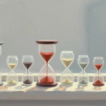 Gouache painting of a row of hourglasses of different sizes on a windowsill, some with vermilion sand and some with pale sand
