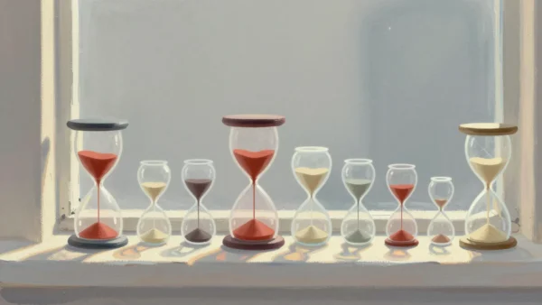 Gouache painting of a row of hourglasses of different sizes on a windowsill, some with vermilion sand and some with pale sand