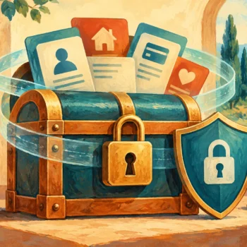 Gouache painting of personal information cards protected by a locked chest and shield