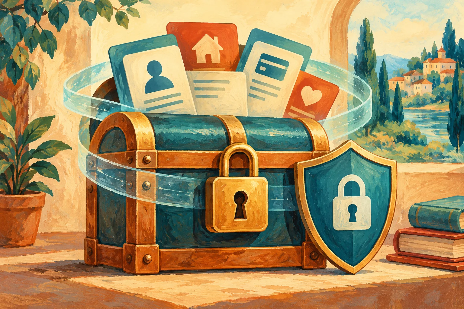 Gouache painting of personal information cards protected by a locked chest and shield