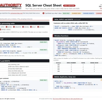 Page 1 of the SQL Server 2025 cheat sheet PDF: the Query It section with query order, paging, joins and window functions.