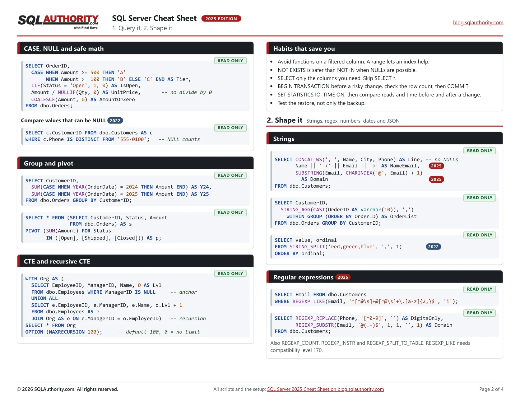 Page 2 of the SQL Server 2025 cheat sheet PDF: the Shape It section with strings, regular expressions, numbers and dates.