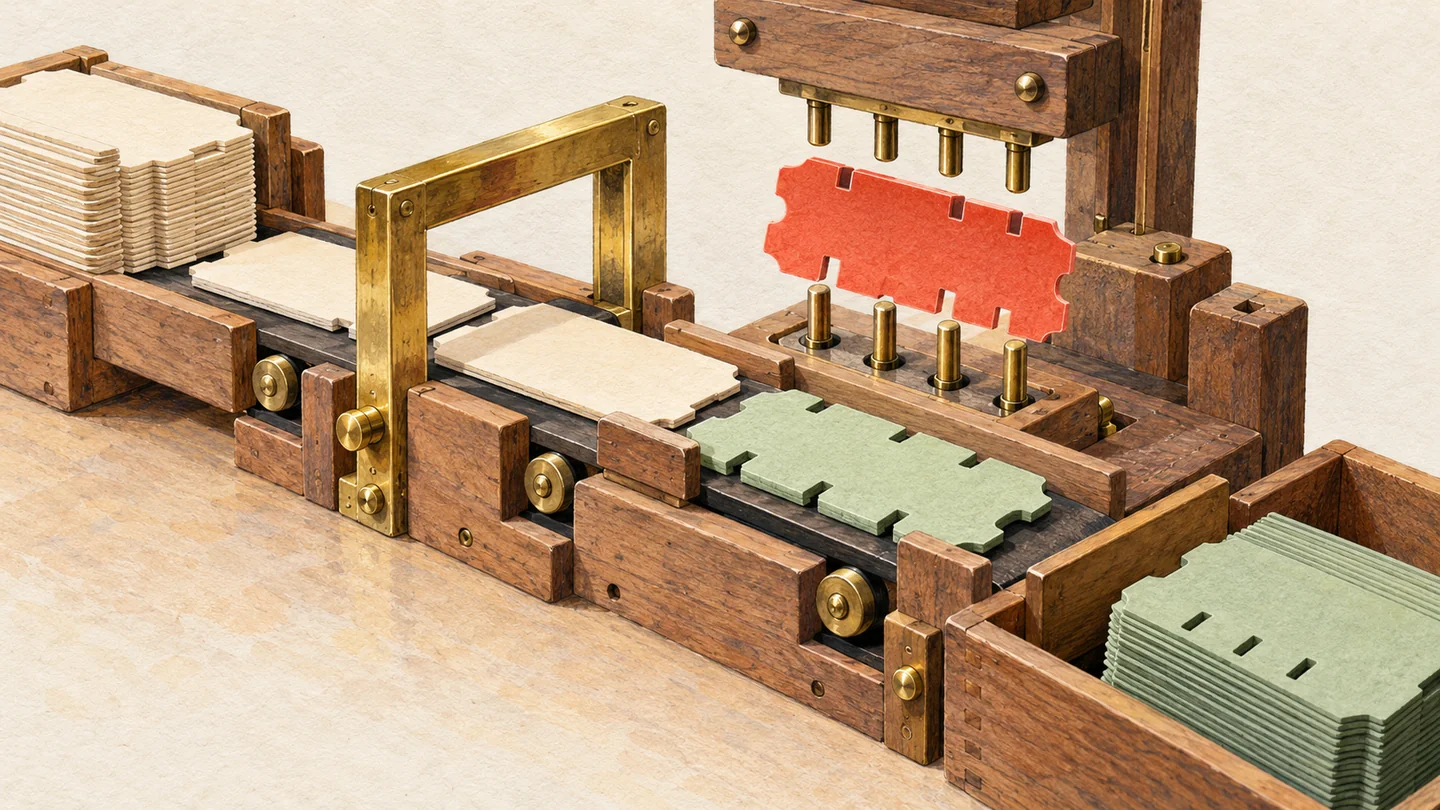 Gouache painting of a wooden ticket inspection station checking outer shape and matching slots in two separate stages.