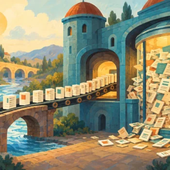 Gouache painting of queued documents approaching a tower beside an overflowing storage room