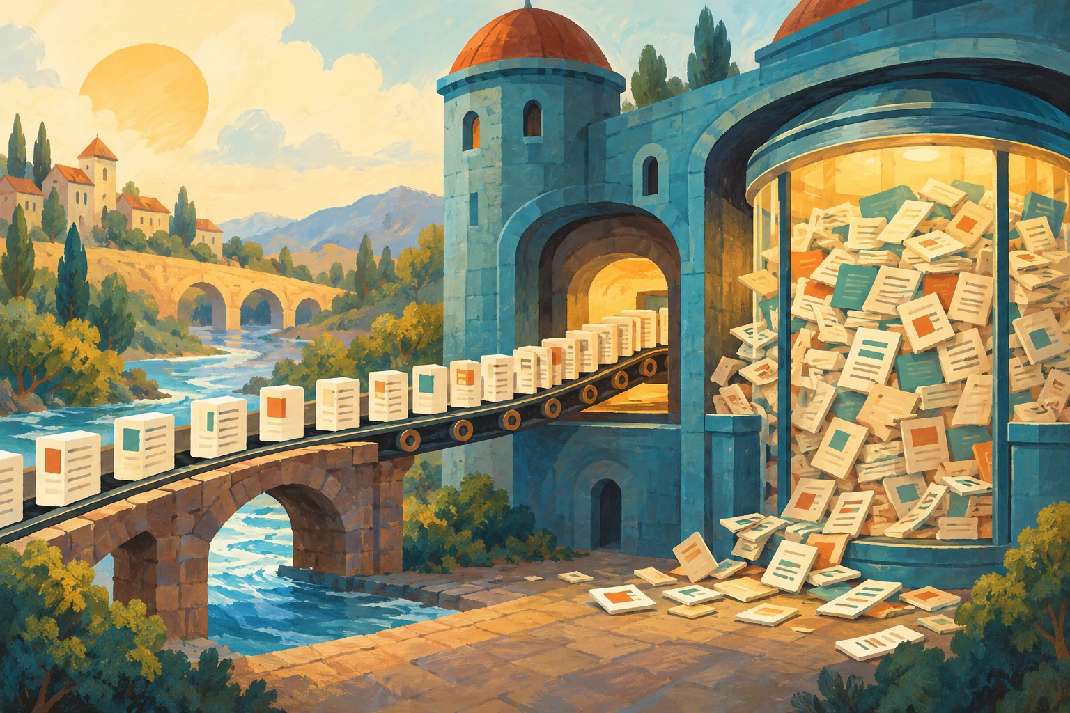 Gouache painting of queued documents approaching a tower beside an overflowing storage room