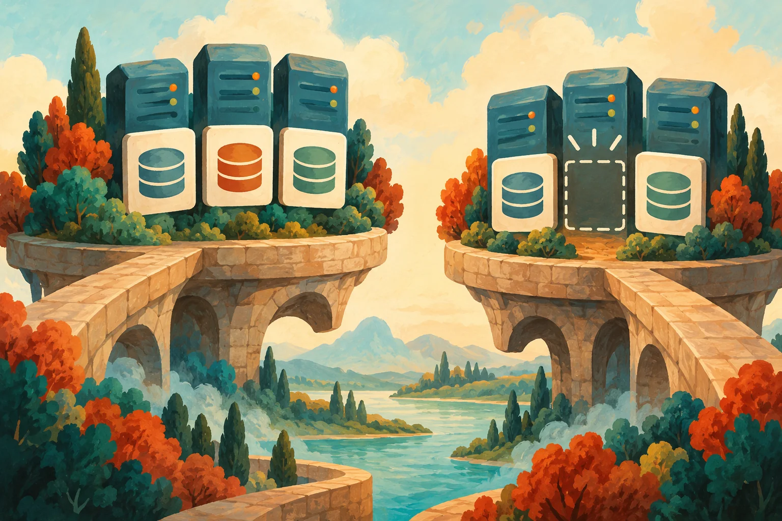 Gouache painting of two server groups with one database card missing from the second group
