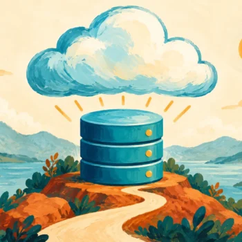 Gouache painting of a cloud above a database beside a winding path