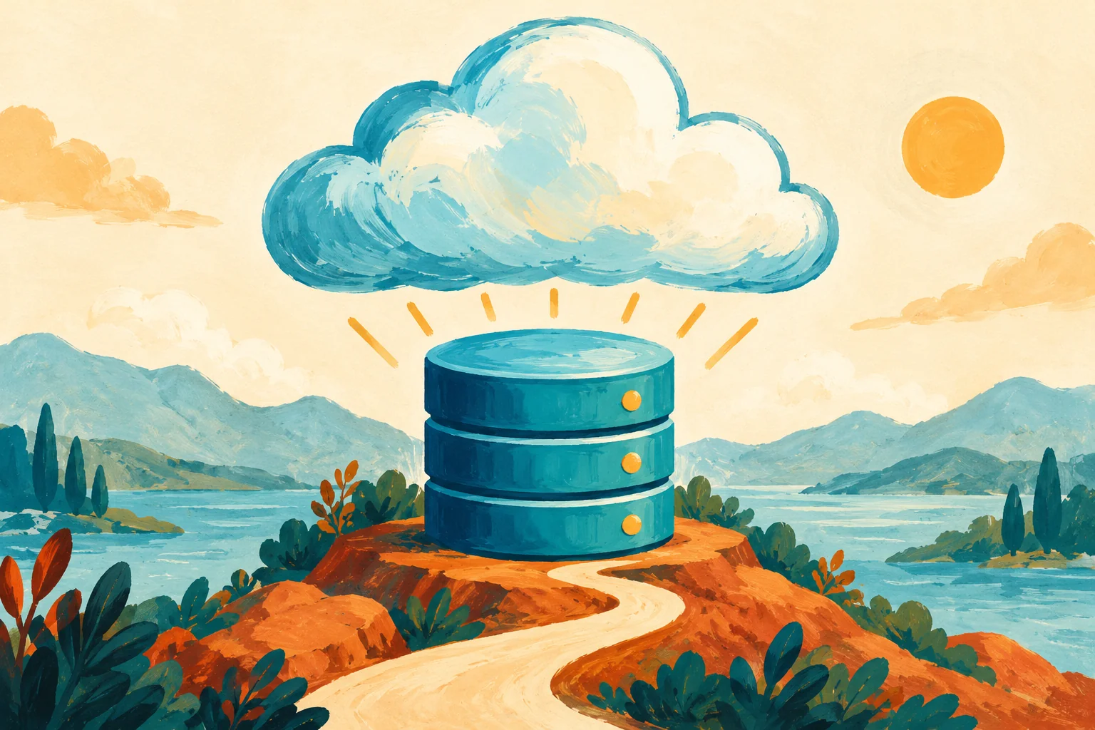 Gouache painting of a cloud above a database beside a winding path