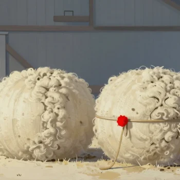 Gouache painting of a loose fluffy bale of wool beside the same wool pressed small and tied with a red strap