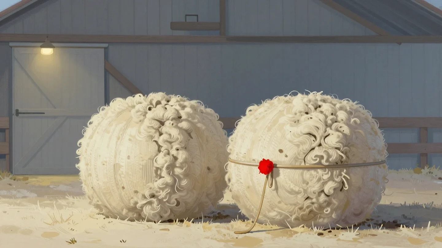 Gouache painting of a loose fluffy bale of wool beside the same wool pressed small and tied with a red strap