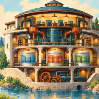 Gouache painting of a cutaway building containing database storage and processing machinery