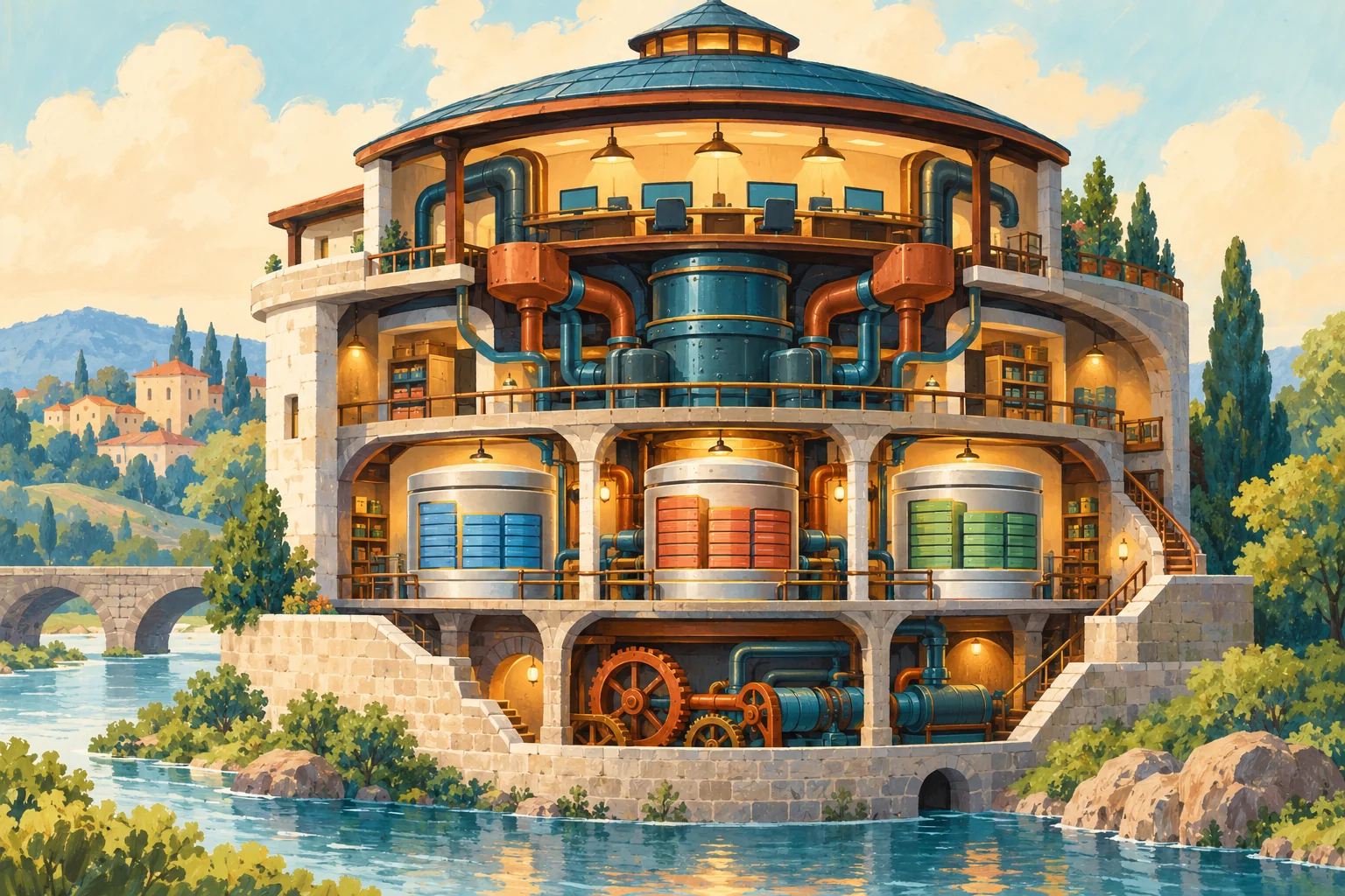 Gouache painting of a cutaway building containing database storage and processing machinery