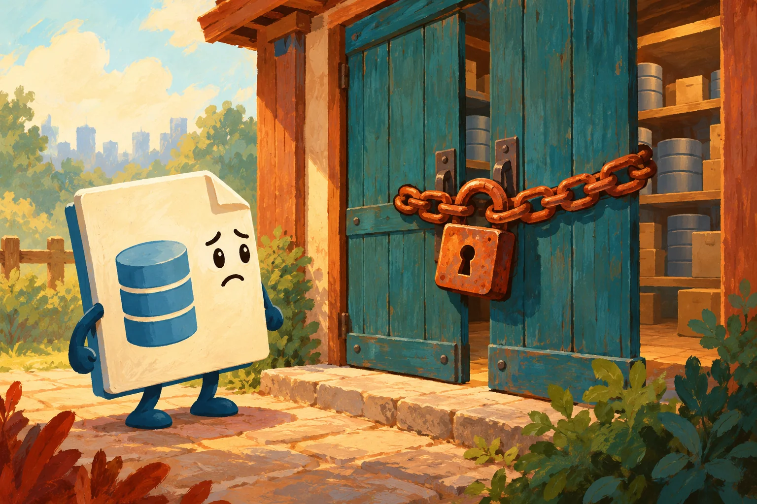 Gouache painting of a backup file waiting outside a locked storage door